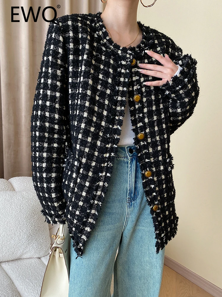 

EWQ Tassel Design Tweed Jackets For Women Round Neck Long Sleeve Elegant Female Tops Fashion Coats 2023 Autumn New 26D5285