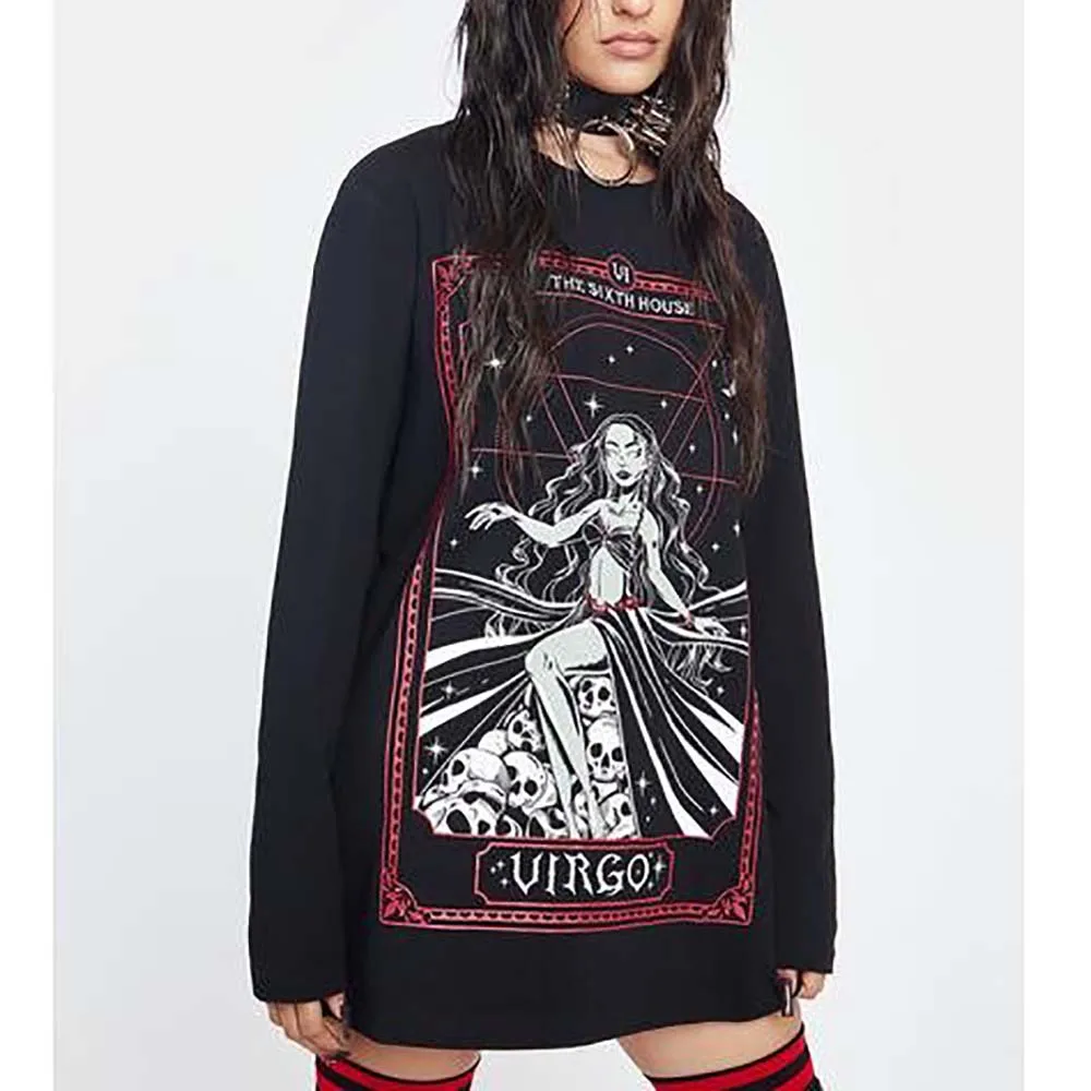 

Women's T-Shirt Gothic Retro Darkness Fashion Long Sleeve Witch Skull Print Goth Top Autumn Spring New Fashion 2022 Ladies Top