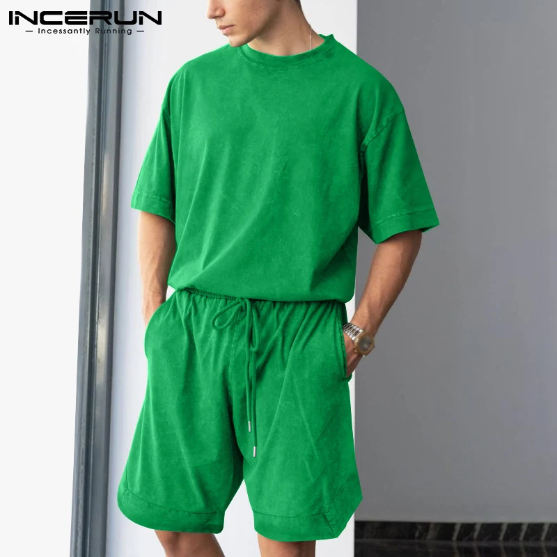 

Fashion Men Sets 2022 Short Sleeve T Shirt & Drawstring Shorts Two Pieces Solid Color Streetwear Men Casual Suits S-5XL INCERUN