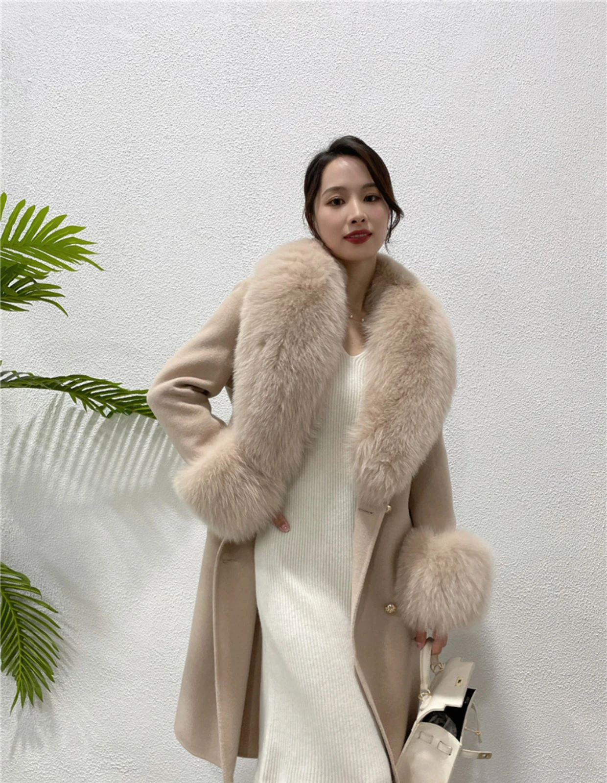 2022 Cashmere Wool Blends Real Fur Coat Belt Winter Jacket Women Natural Fox Fur Collar Cuffs Streetwear Outerwear  X-long