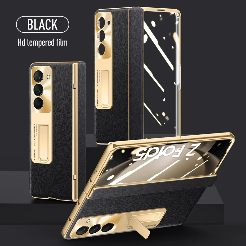 

For Samsung Galaxy Z Fold 5 Case Electroplated Skin Friendly Leather Bracket Folding Hinge With Tempered Film Shockproof Cover