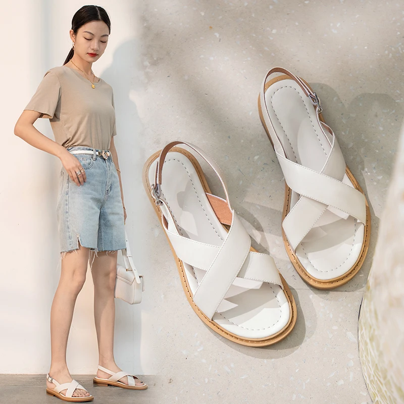 2023 New Summer Sandals Women Round Toe Low Heel Fashion Women Shoes Genuine Leather Simplicity Sandals for Women Flat Sandals