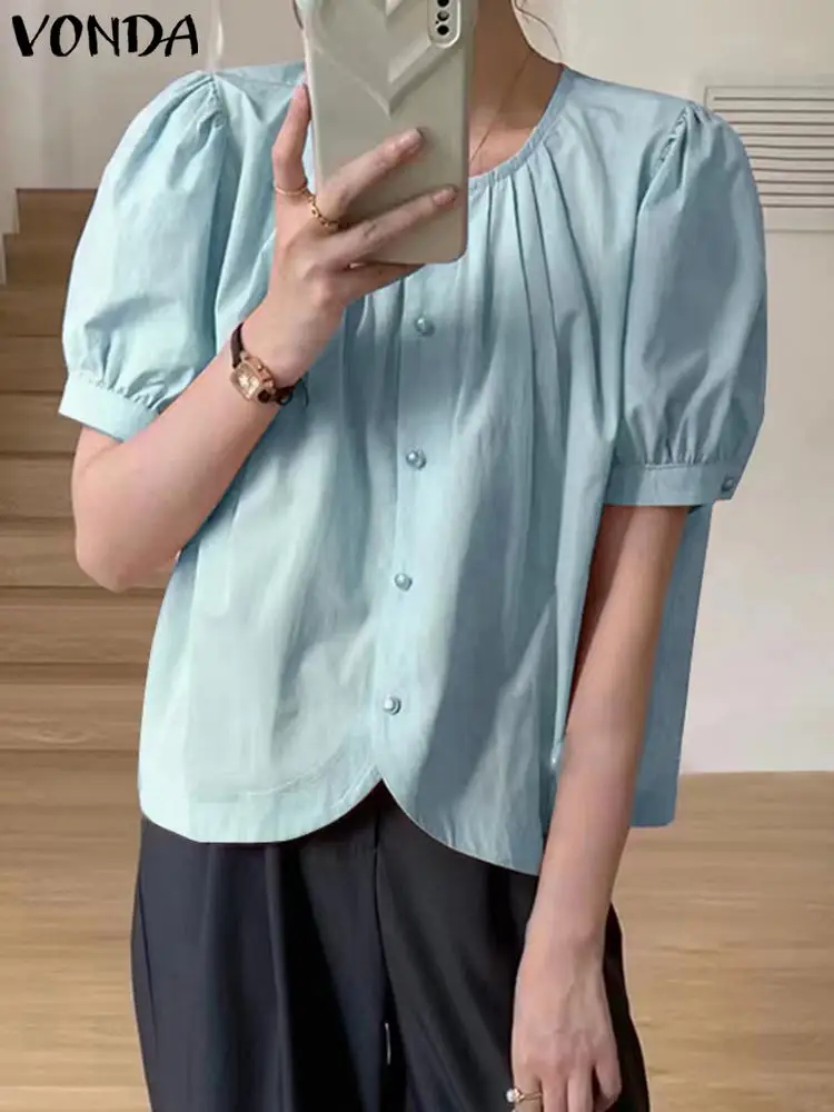 

Женская блузка с коротким рукавом, круглым вырезом и пышными рукавами