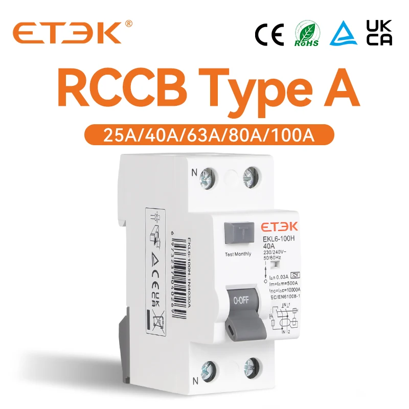 Etek Rcd Rccb tipo um Interruptor de Corrente Residual Eletromecânica ac 2p Polo 10ka 25a 40a 63a 80a 100a 230v 30ma Ekl6100h Disjuntores
