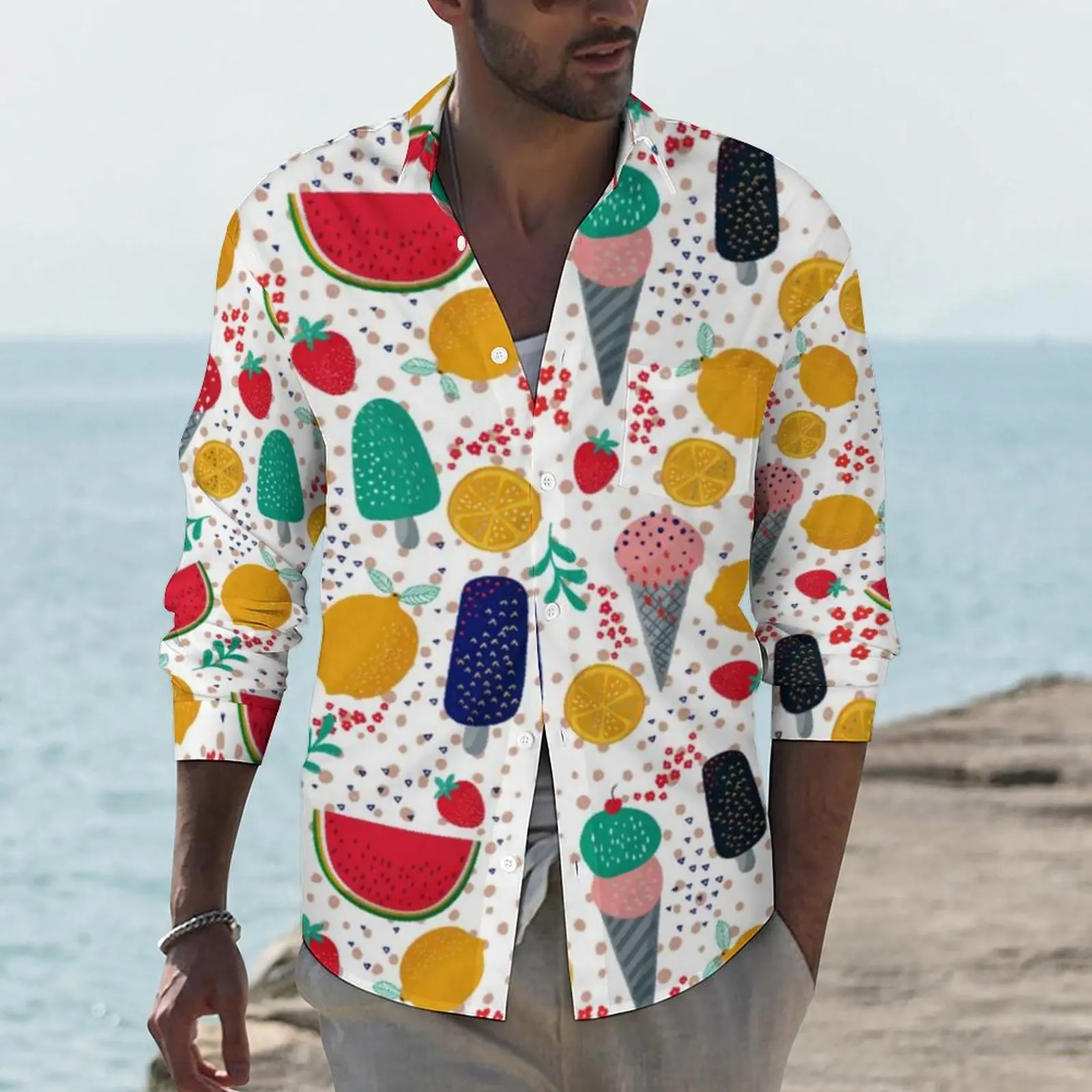 

Fun Ice Cream Print Shirt Autumn Colorful Summer Foods Casual Shirts Men Vintage Blouses Long Sleeve Graphic Harajuku Tops