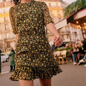 Fresh Floral Print Women's Ruffle Dress o-Neck Short Sleeve Female Mini Robe 2022 Summer New