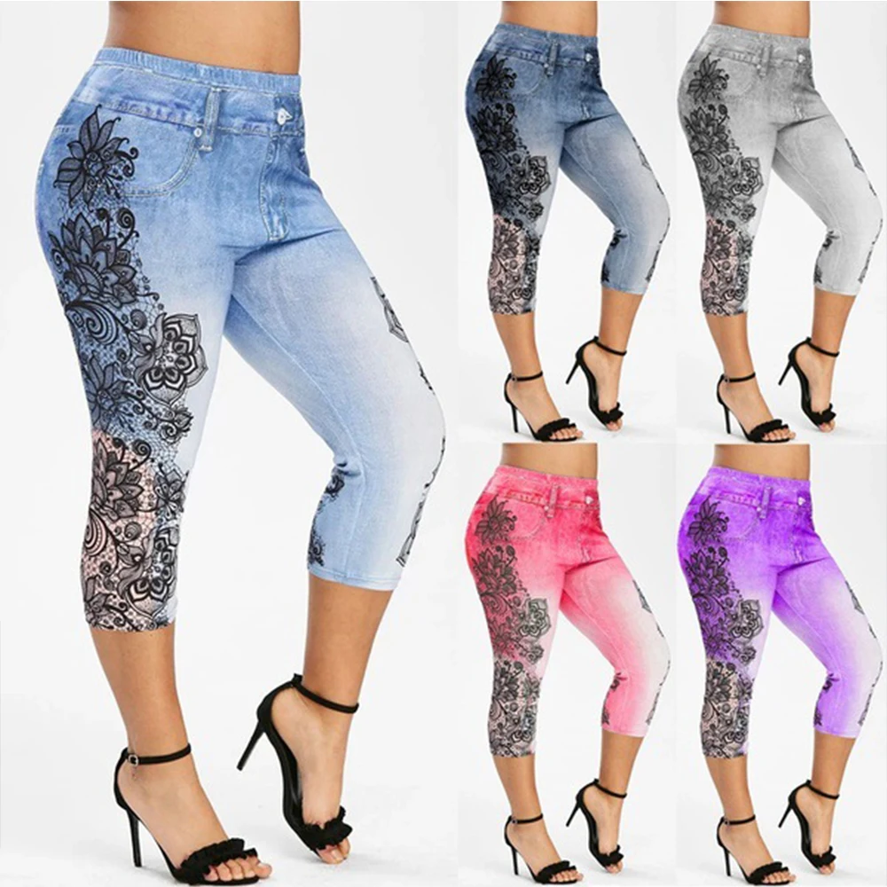 

Women's Plus Size Leggings Chinos Pocket Print Floral Sporty Yoga Home Casual High Calf-Length Spring Summer Purple Gray Flower