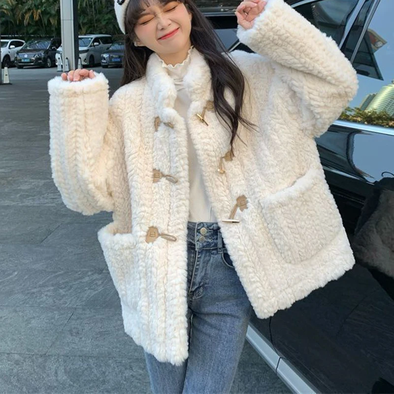 Lamb coat women's autumn winter thickened 2022 new Korean cowhorn button small cotton jacket  Cashmere  Thick （Winter)
