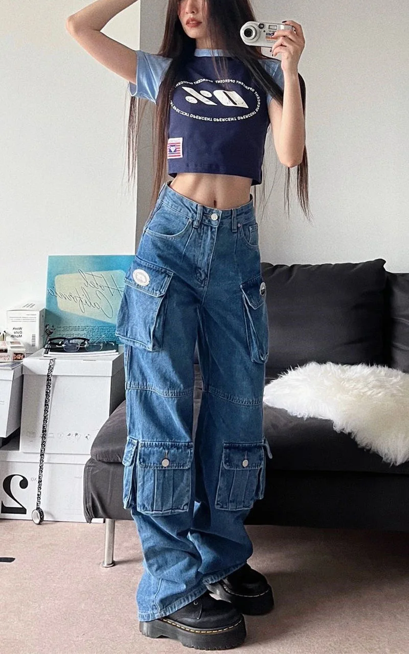 American vibe Multi Pocket work jeans women's large high waist straight tube loose thin wide leg pants high