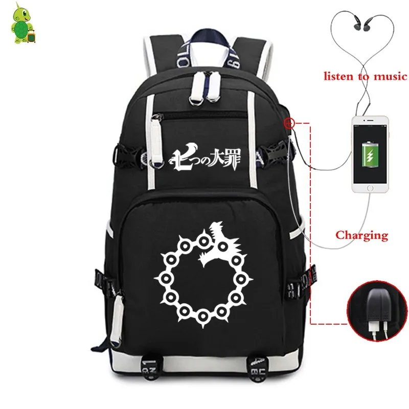 

Рюкзак qanime «Семь смертных грехов», заряжаемый Светящийся рюкзак для ноутбука, школьные сумки для девочек и мальчиков, большие дорожные сумк...