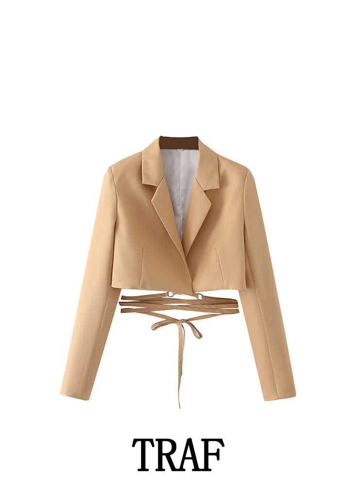 

TRAF ZA&ree 2022 Woman Short Casual Blazer Woman Blazer Long Sleeve Jacket Drawcord Design Fashion Causal Femal Blazers