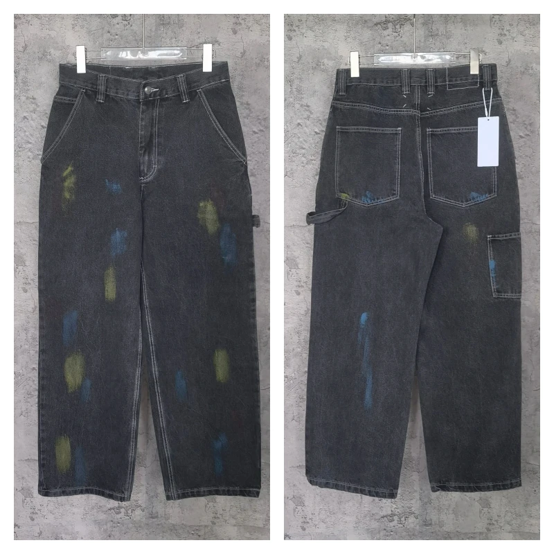 

23 New Mm6 Margiela Jeans Men's and Women's Same Color Splash Ink Dot Silhouette Wash to Make Old Loose Straight Leg Jeans