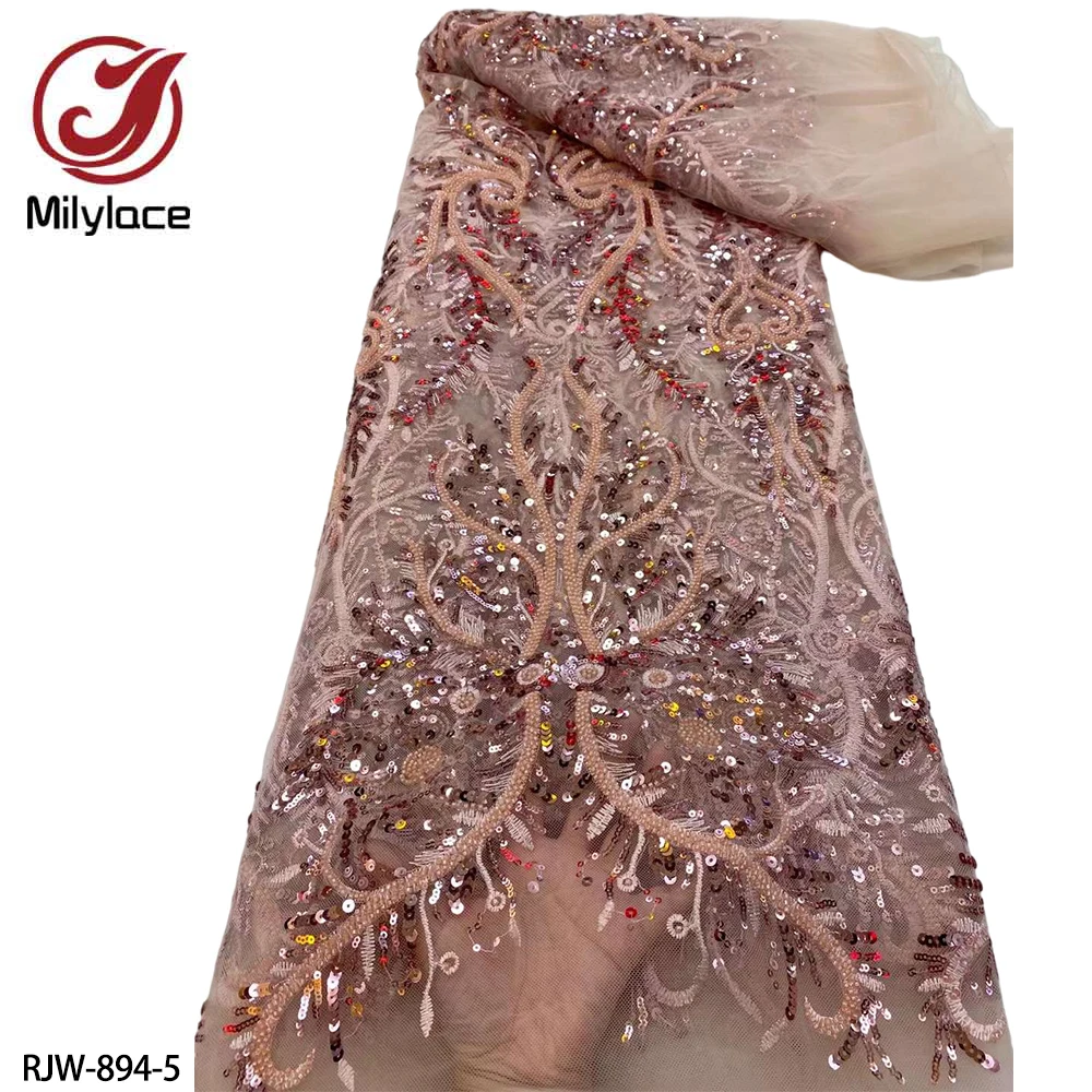 

Hot Selling African Lace Fabric 2020 High Quality Lace Beaded Sequins 5 Yards Nigerian Lace Fabrics for Wedding Dress RJW-894