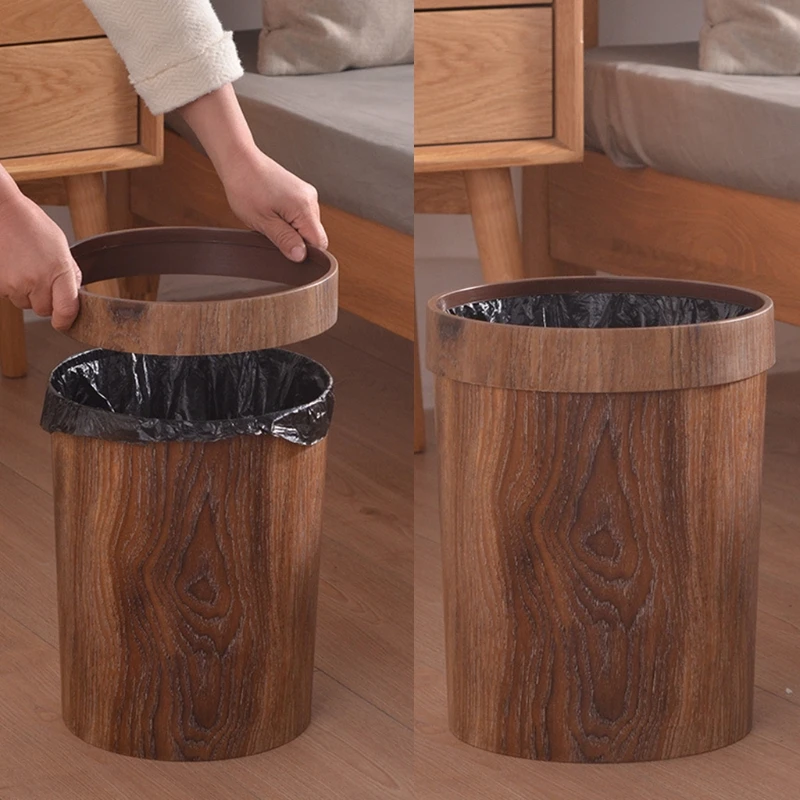 

Retro Wood Grain Trash Can Home Living Room Kitchen Garbage Bin Office Toilet Paper Basket Bathroom Bedroom Supplies
