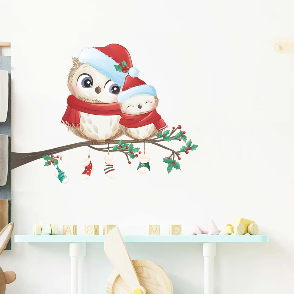 

Cartoon Christmas Owl Wall Stickers Kids Rooms For Christmas Decoration Wallpaper Home Decor Art Decals New Year Animals Sticker