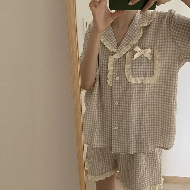 Korean Pajama for Women Summer Loungewear Sleepwear Sets Girls Sweet Plaid Lapel Pyjama Kawaii Ruffle Pijama Japanese Home Suit