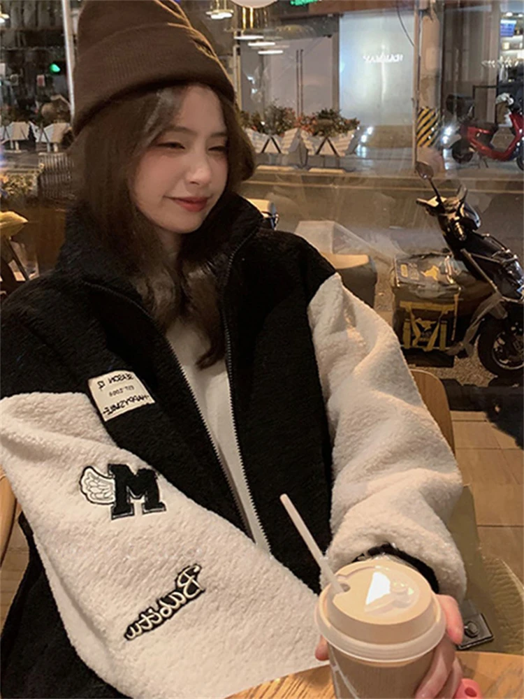 Autumn and Winter Small Casual Baseball Uniform Outerwear Women Lamb Wool Fleece-lined Thickened Idle Sle Loose All-Match C...