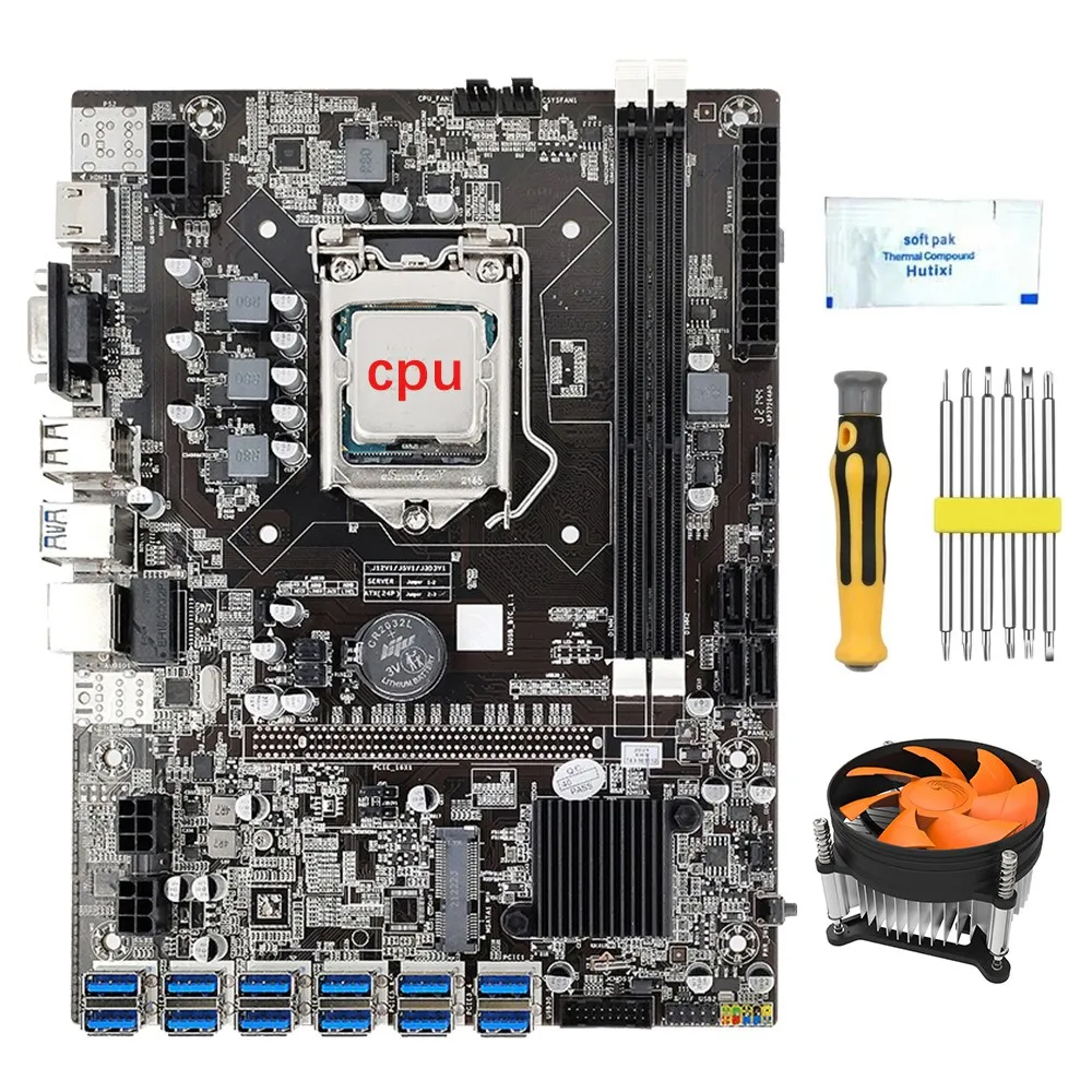 

B75 BTC 12 GPU Mining Motherboard+CPU+Fan+Thermal Grease+Screwdriver 12 USB3.0 to PCIE 1X Slot LGA1155 DDR3 RAM SATA3.0