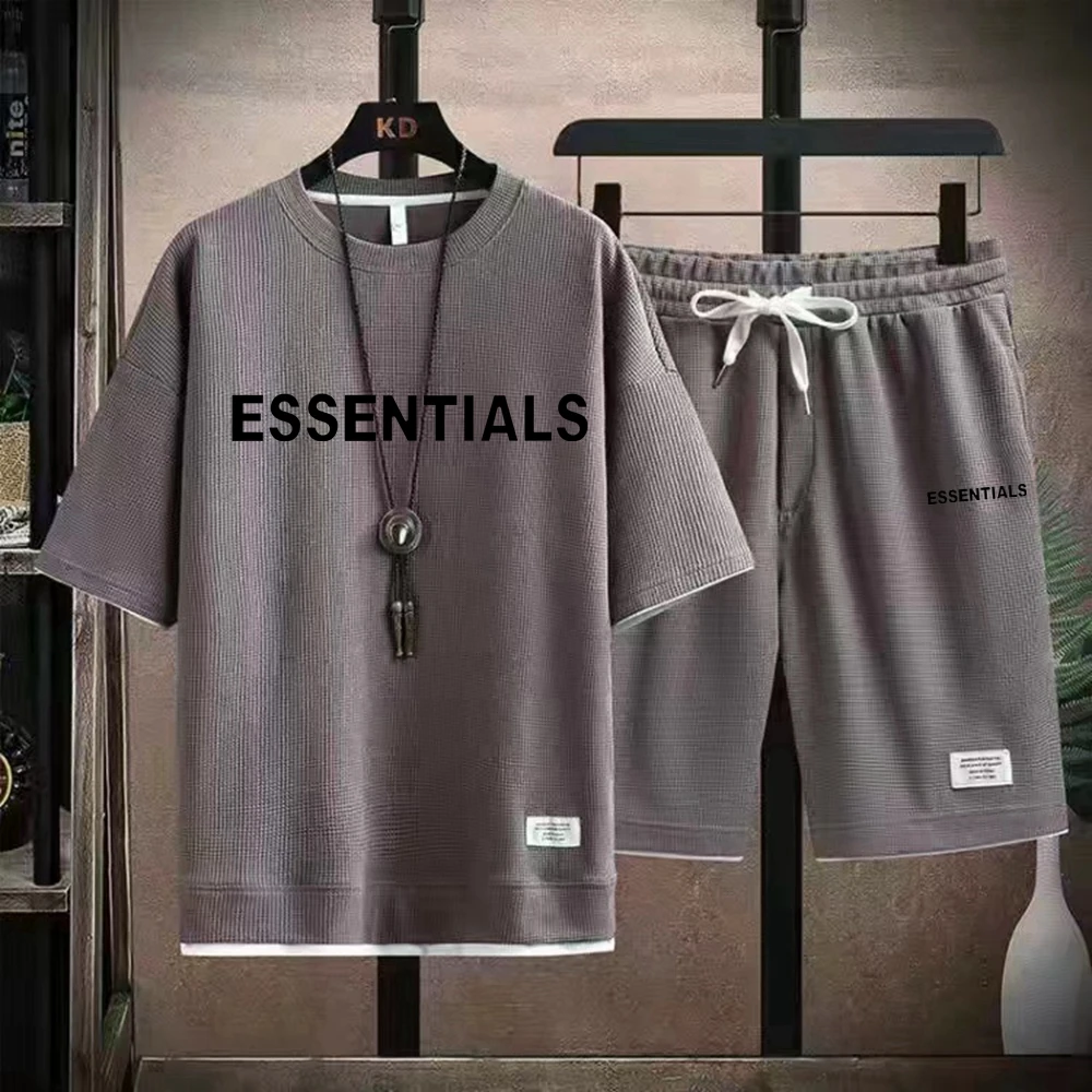 Summer Men's Set Waffle Sports Shorts Cool and Breathable Round Neck T-shirt Outdoor Jogging Too Strong Home Casual Two Piece Se