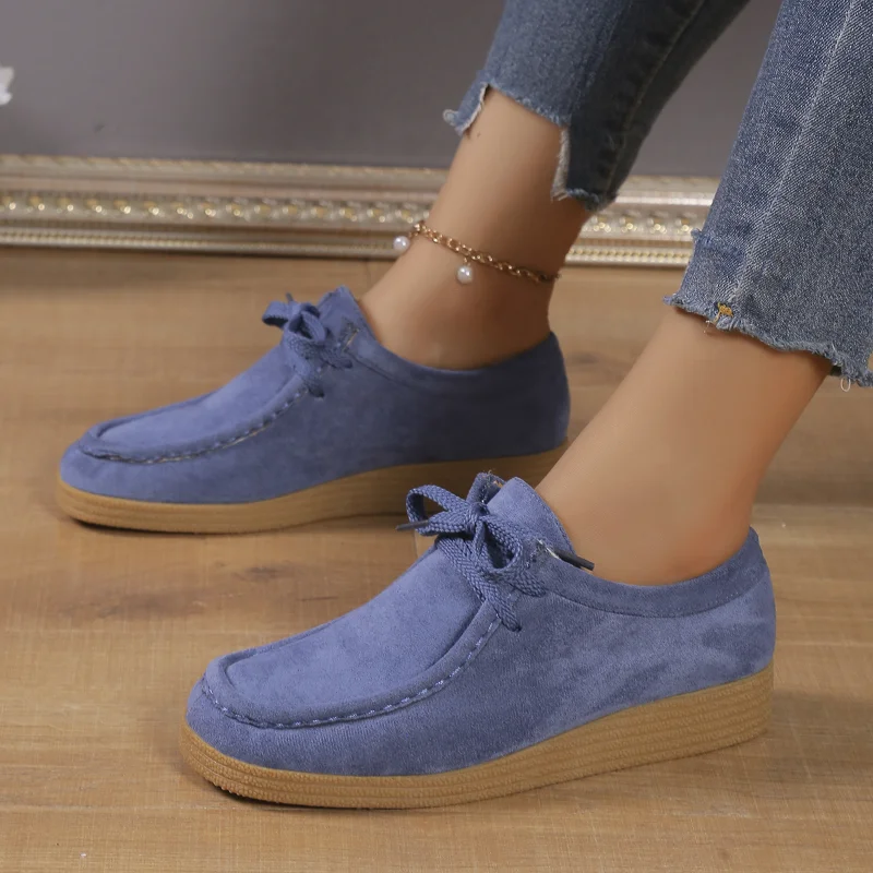 

Fashion Women Flats Suede Solid Color Lace Up Sewing Platform Loafers 2023 Autumn New Casual Sneakers Walk Commute Sports Shoes