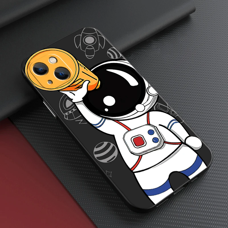 

Cute Cartoon Astronaut Phone Case For Apple iPhone 13 12 11 Pro 12 13 Mini X XR XS Max SE 6 6s 7 8 Plus Coque Black Funda Back