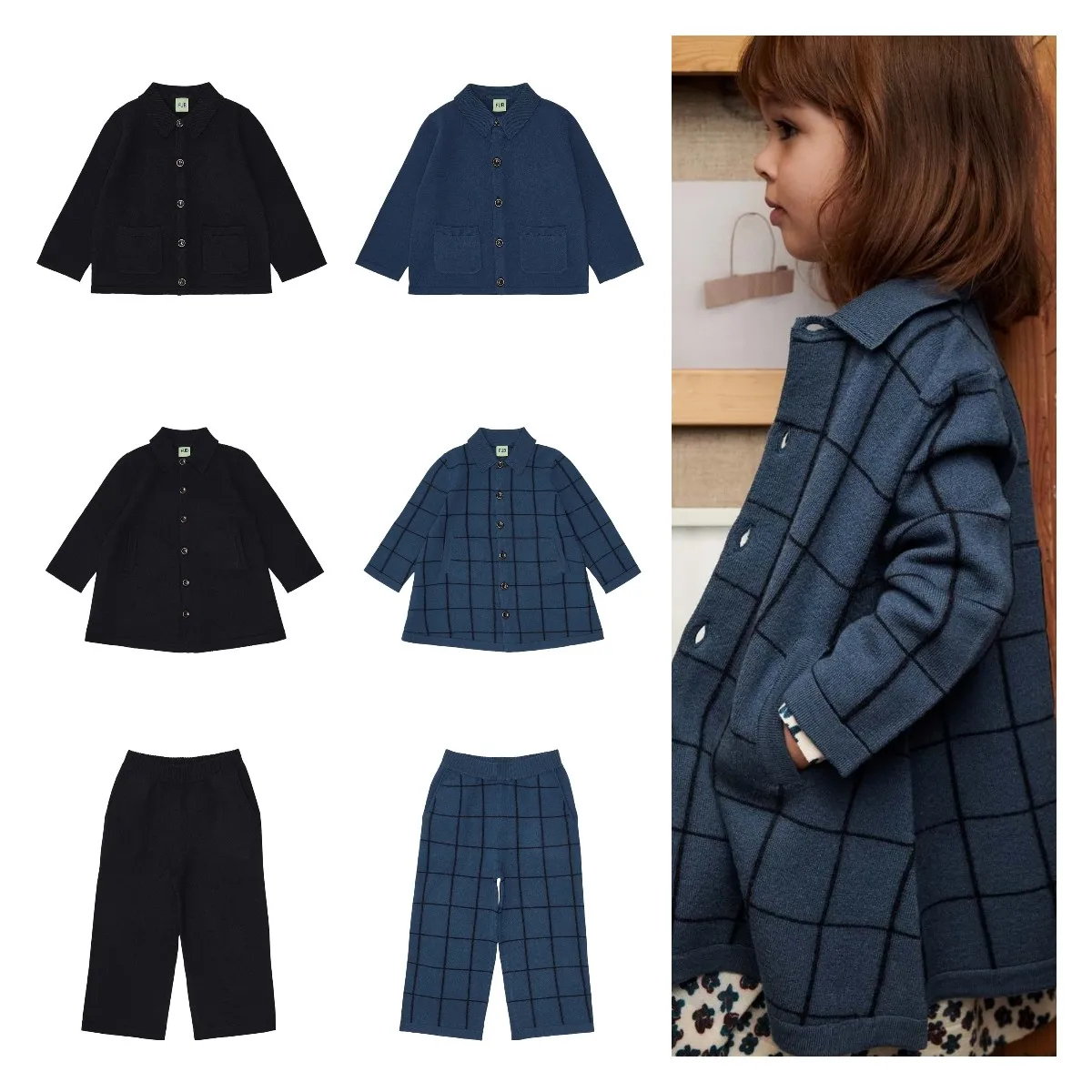 

Children's Jacket Set 2022 Aw Fu Girl Versatile Lapel Jackets Outer Grid Wide -leg Pants Set Mid -long Single Buckle Jacket