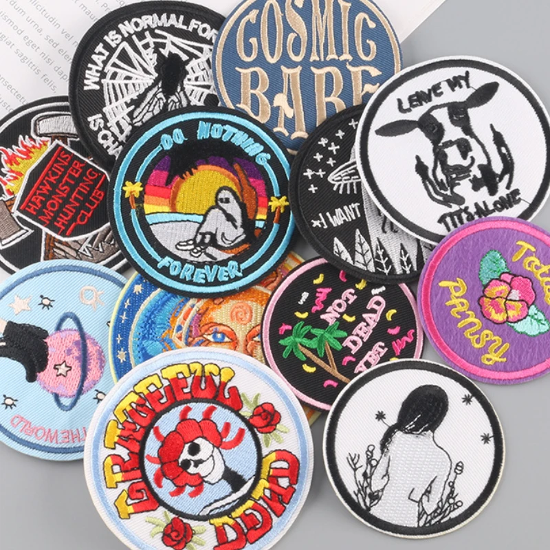 

12Pcs Round Patterned Badge Patch for Cloth Anime Embroidered Girl Animal Punk Cute Label Decor Applique Iron on For Clothing