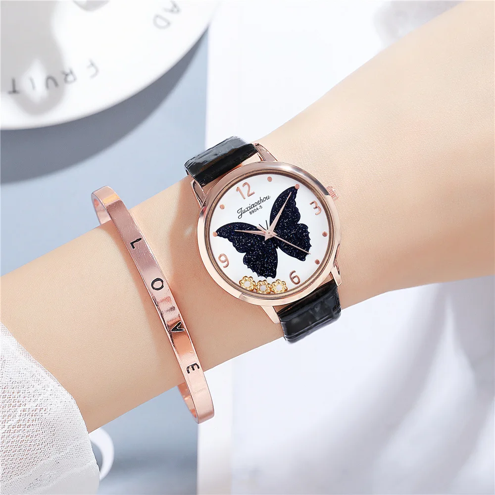 Фото Часы наручные женские кварцевые с кожаным ремешком и бабочкой | Наручные часы