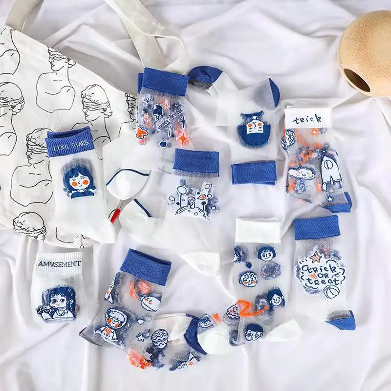 

Socks Summer Thin Women's Silk Footwear Female's Ultra-thin Crystal Jacquard Fresh Mori Girls Blue Medium Tube Sox 2022 Newly