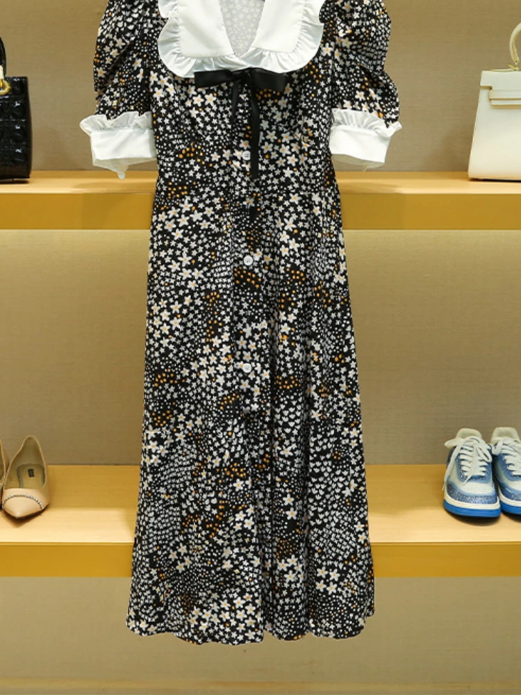 

2022 New Maj Women Summer Doll Collar French Style Star Floral Print Long Dress Women Midi Dress