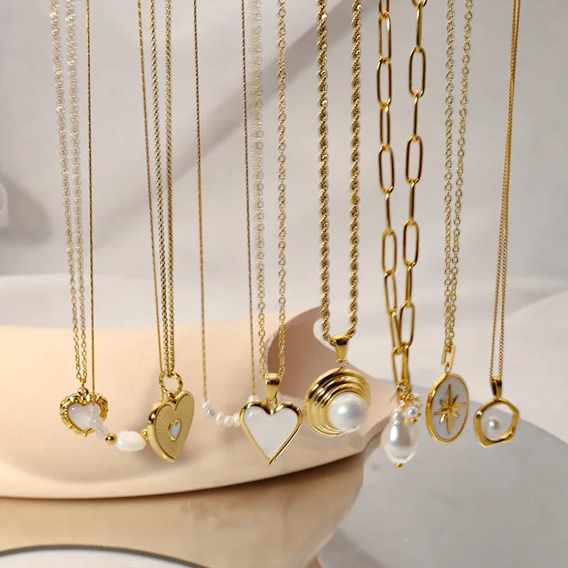 

Women Simple Pearl Shell Heart Star Pendant Necklace Titanium Steel Plated 18k Gold Waterproof Jewelry Accessories 2023