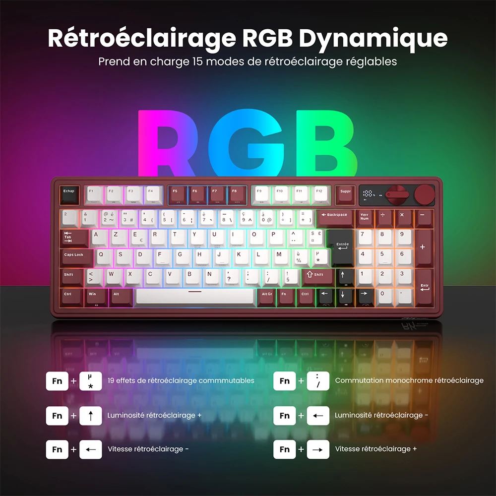 Фото Механическая клавиатура RK ROYAL KLUDGE M100 (французская раскладка), 96% (95 клавиш), RGB-подсветка, аккумулятор 8000 мАч, беспроводная (BT5.0/2.4G/USB), игровая клавиатура с двумя регуляторами №4
