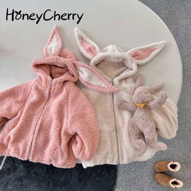 

Новая зимняя куртка для девочек с искусственными овечьими ушками и кроличьими ушками; Детское твидовое теплое пальто из флиса; Зимняя одежд...