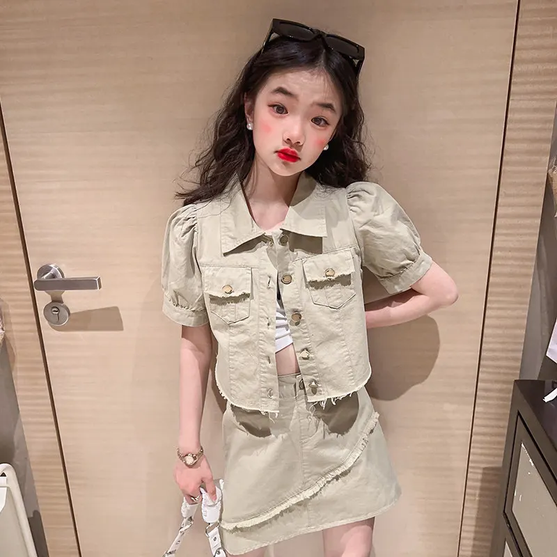 

Корейский комплект одежды для девочек, повседневный комплект из двух предметов, Куртка и юбка для подростков, цвета хаки, для детей 6, 8, 10, 12, 14...