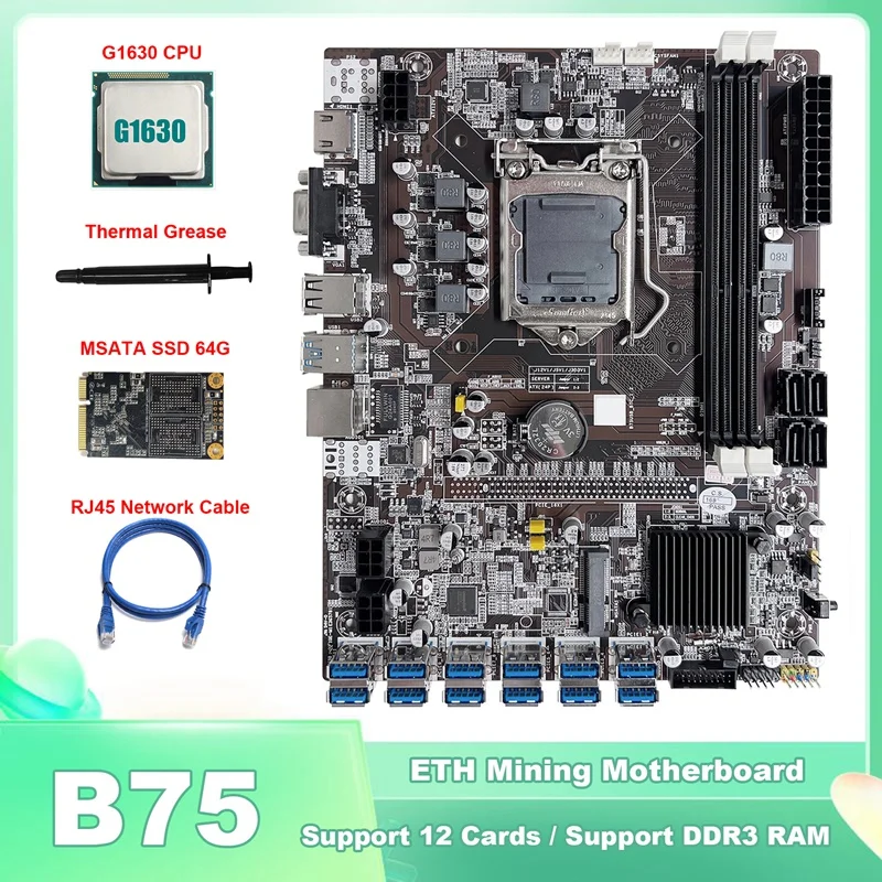 

B75 ETH Mining Motherboard 12 PCIE To USB LGA1155 With G1630 CPU+MSATA SSD 64G+Thermal Grease+RJ45 Network Cable