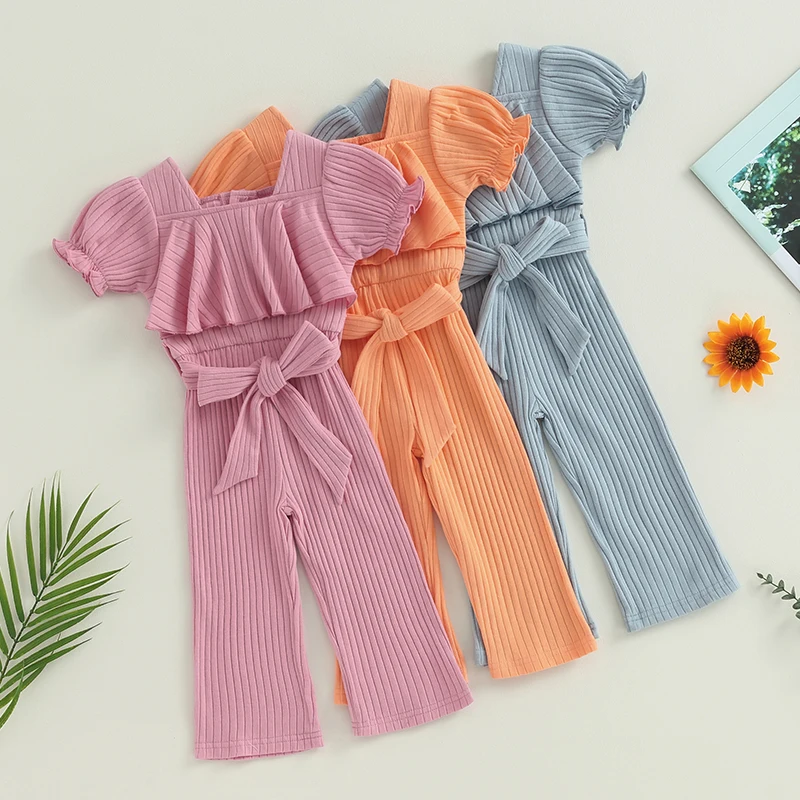 

Girls Jumpsuits Pants Ruffles Short Puff Sleeve Belted Playsuits Summer Clothes