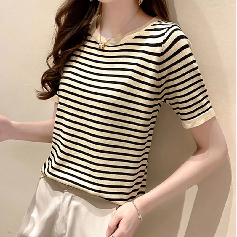 

LJSXLS 2022 Summer Striped Tshirt Women Knitted Short Sleeve T Shirt Casual Womens Clothes O Neck Ladies Tops Camisetas De Mujer
