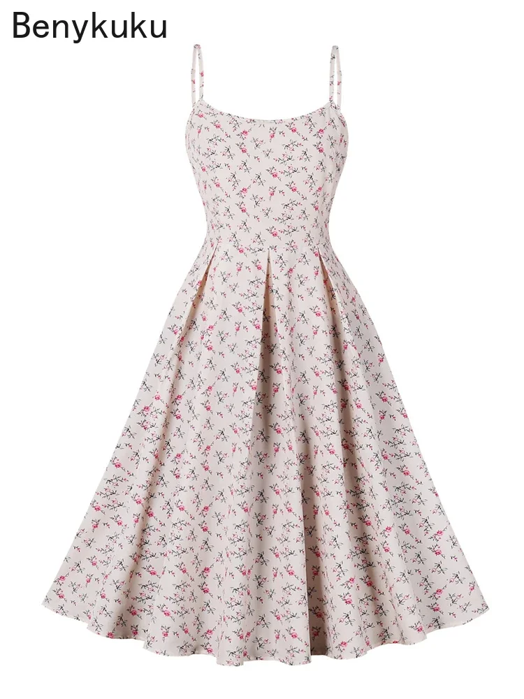 

Женское винтажное плиссированное платье на тонких бретельках, с цветочным принтом, с круглым вырезом и высокой талией, летнее пляжное платье для отпуска, 2024