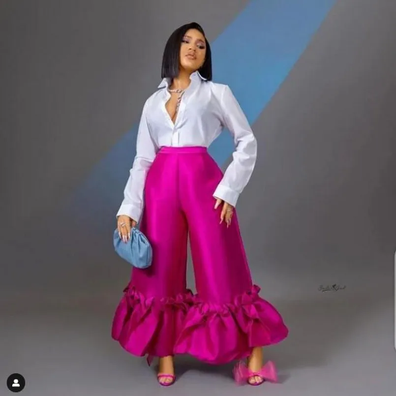 

Шикарные Женские Брюки фуксия, атласные штаны на заказ для девушек, свободные длинные брюки с высокой талией для вечеринки