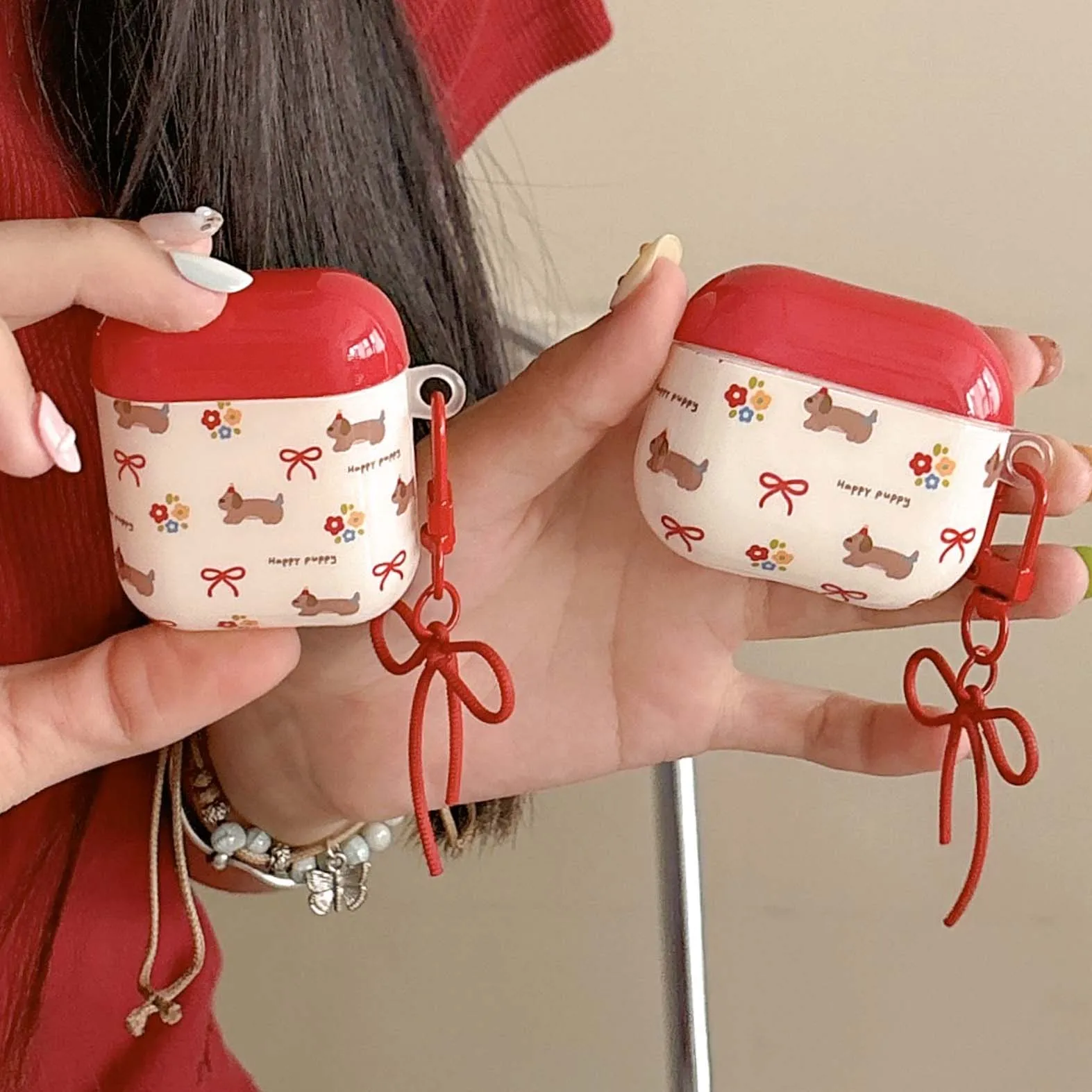 Красный кулон с бантиком милый чехол для наушников изображением счастливой