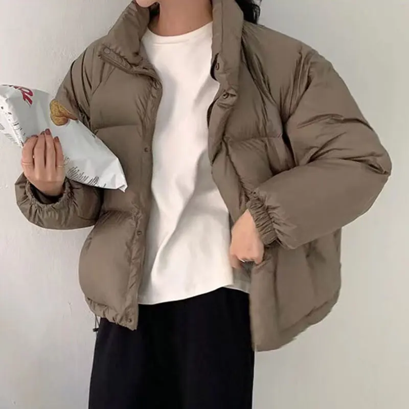 Korean Fashion Winter Zipper Buttoned Parkas Female Drawstring Stand Collar Loose Long Sleeve Thickened Coat Women Dropshipping