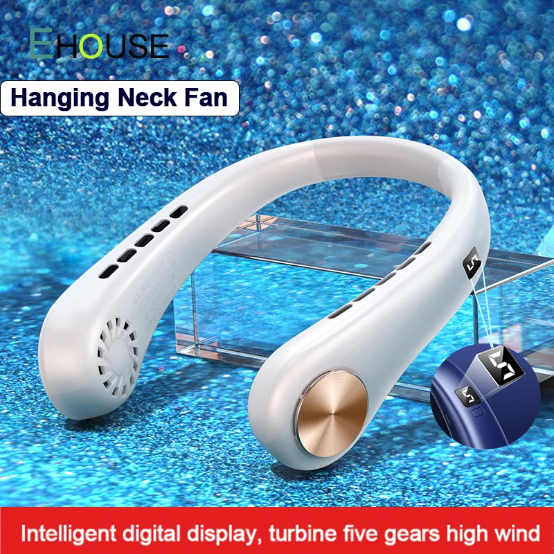 

LCD Display Hanging Neck Fan Portable Summer Angle Adjustable Strong Wind Mute Bladeless Neckband Fans for Sports Running Travel