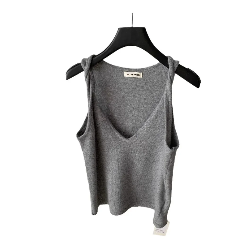 Att2024 осенний новый женский вязаный жилет с v-образным вырезом однотонный пуловер