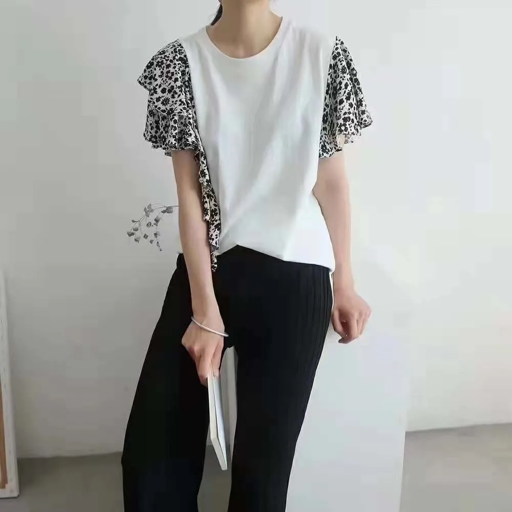 

Fashion Women Short Sleeve Tops Solid Color Prinitng Patchwork Round Neck Korean Style Minimalism Slim Ladies Leisure T-shirt