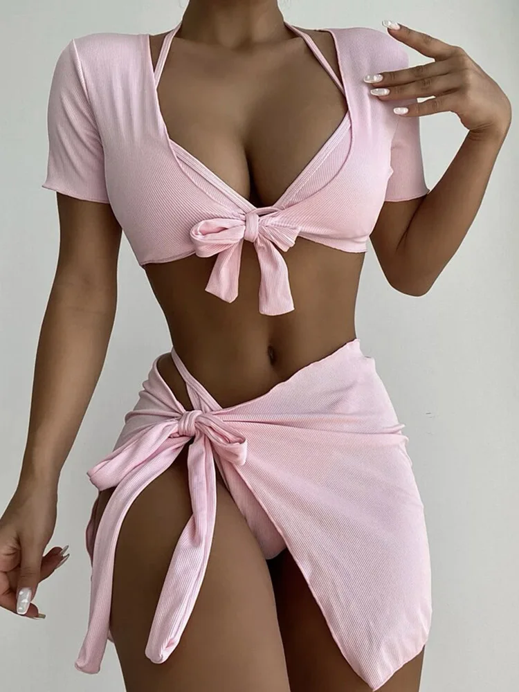 

Women Sexy Deep V Halter Sling Bikini+Short Sleeve Tops With Lace-up Cover Up Skirt Suit Biquinis Solid Four Piece Suit Swimwear