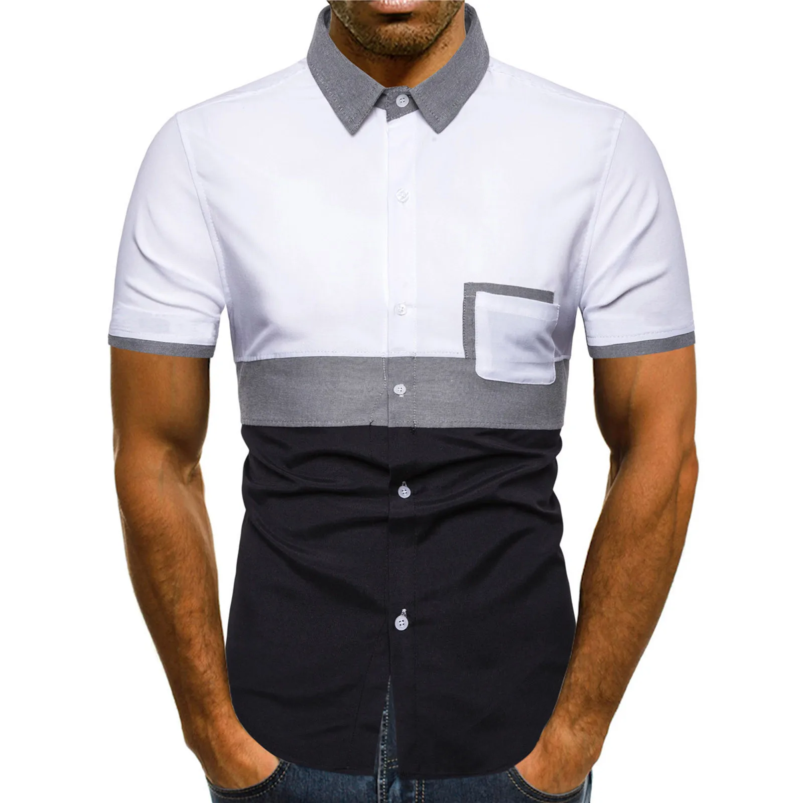 

In Stock Men Turndown Collar Patchwork Casual Fashion Shirt Tops Short Sleeve Tops Business Formal T-shirt Slim Fit Men Clothes