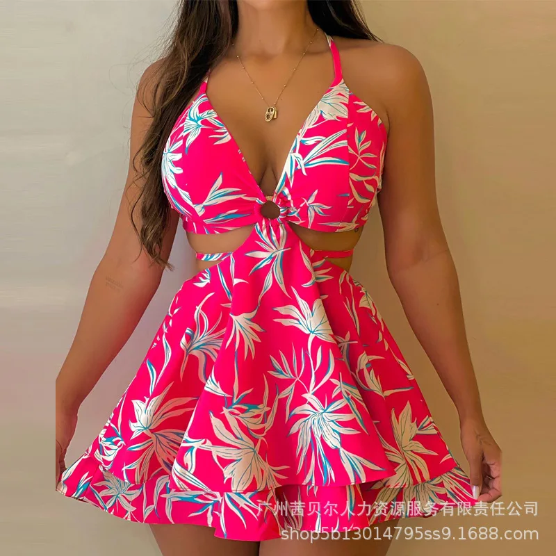 

Mandylandy Women Elegant Bohemian Strap Dress Fashion Female Sleeveless V Neck High Waist Corset Halter Hollow Out Mini Dress