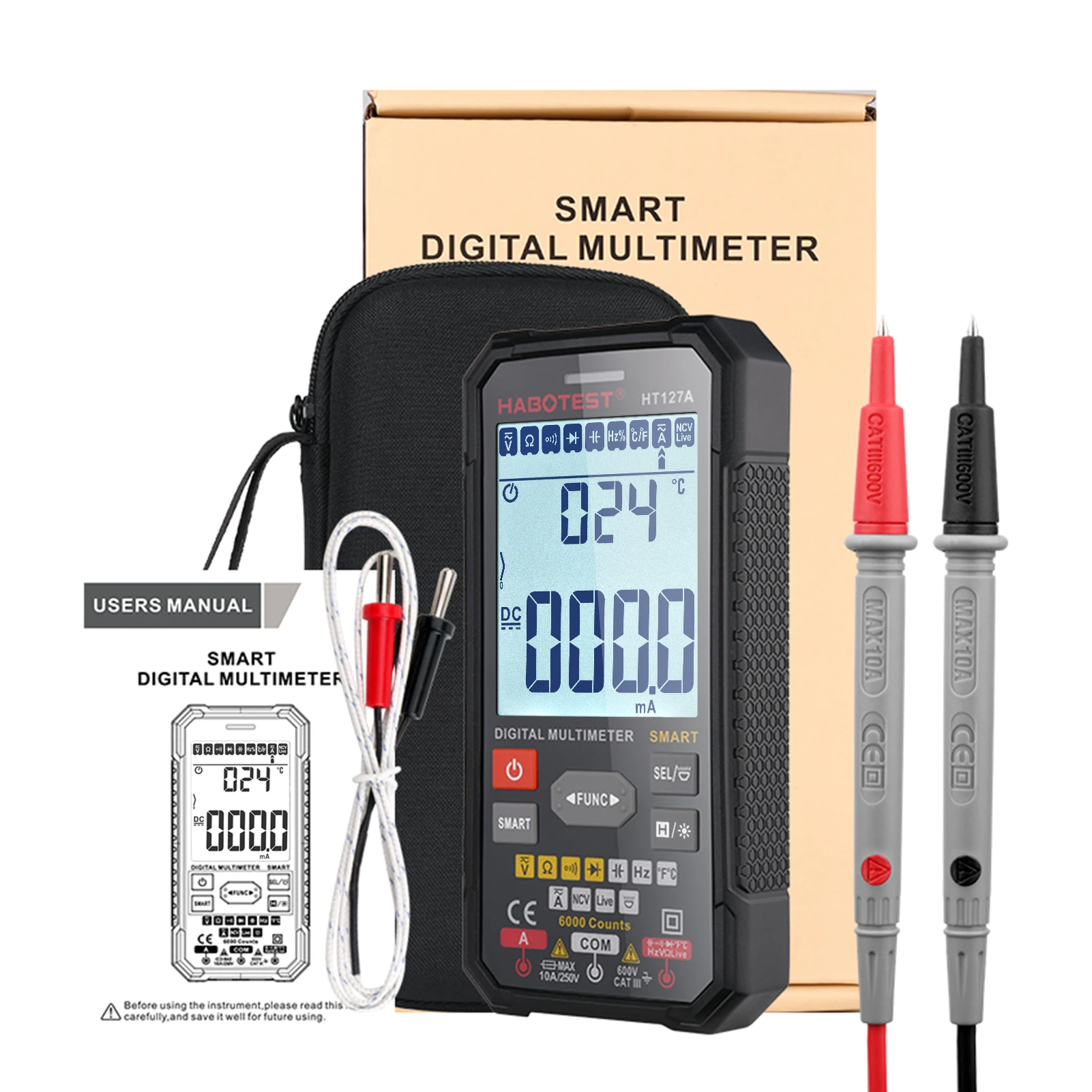 

HABOTEST HT127A HT127B Professional Multimeter Digital 6000 Counts AC DC Voltage Current Tester True RMS Capacitance NCV Meter