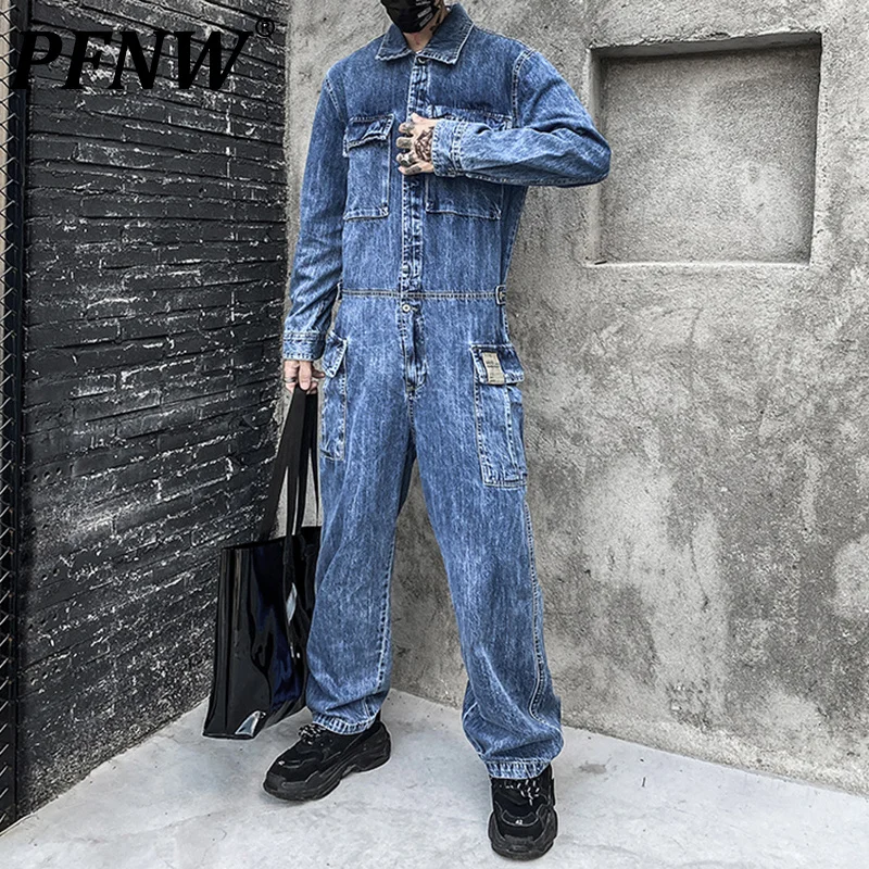 

PFNW Spring Autumn Men's Darkwear Vintage Safari Style Denim Jumpsuit Niche Design Fashion Button High Quality Clothing 12A7816