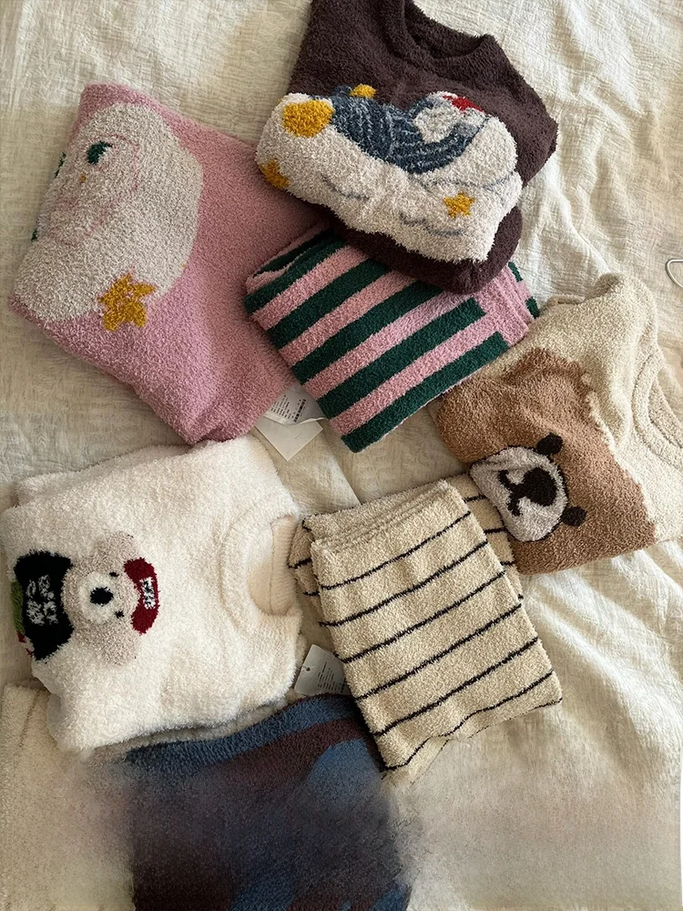Couple Sweet Girl Cartoon Print Knitted Half Velvet Pajamas Women Autumn and Winter Thickened Warm Home Wear Set